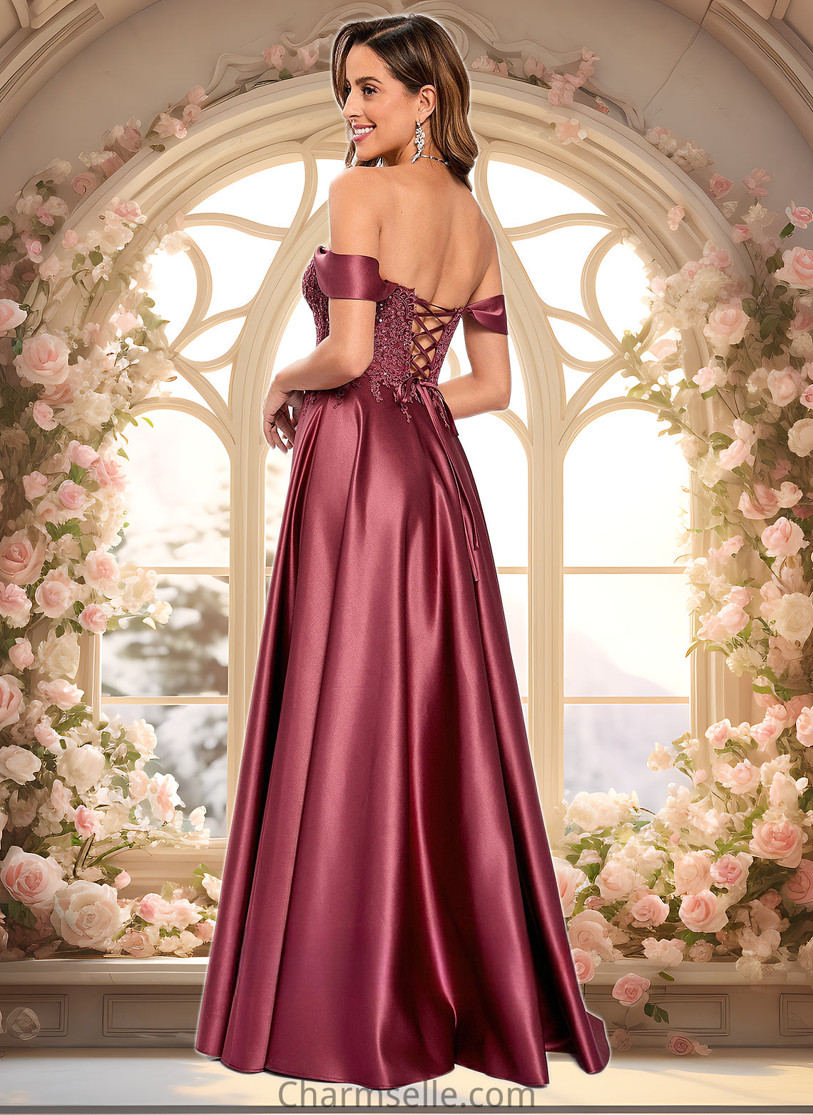 Haven A-line Off the Shoulder Floor-Length Satin Lace Prom Dresses With Sequins DNP0025841