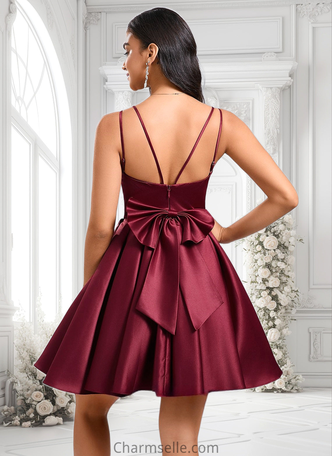 Emily Ball-Gown/Princess V-Neck Short Satin Homecoming Dress With Bow DNP0025662