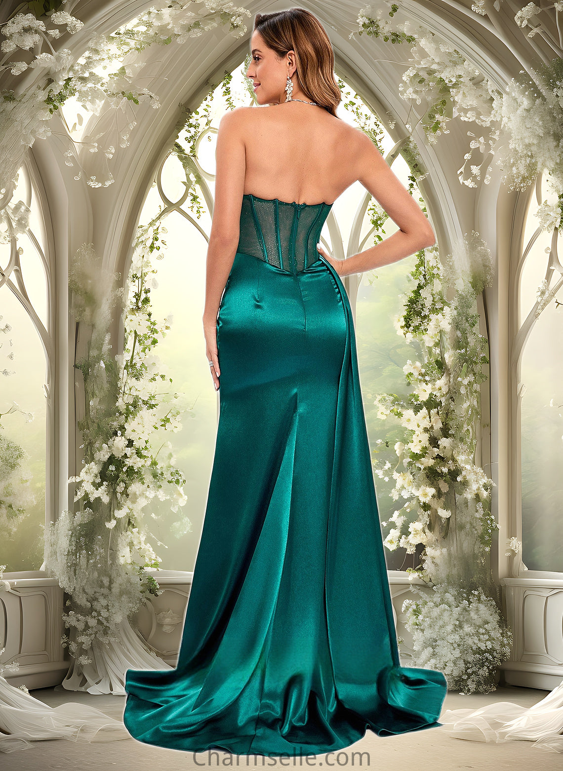 Casey Trumpet/Mermaid Straight Sweep Train Stretch Satin Prom Dresses With Pleated DNP0025849