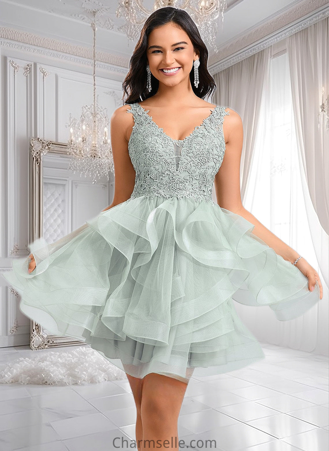 Elyse Ball-Gown/Princess V-Neck Short Tulle Lace Homecoming Dress DNP0025671