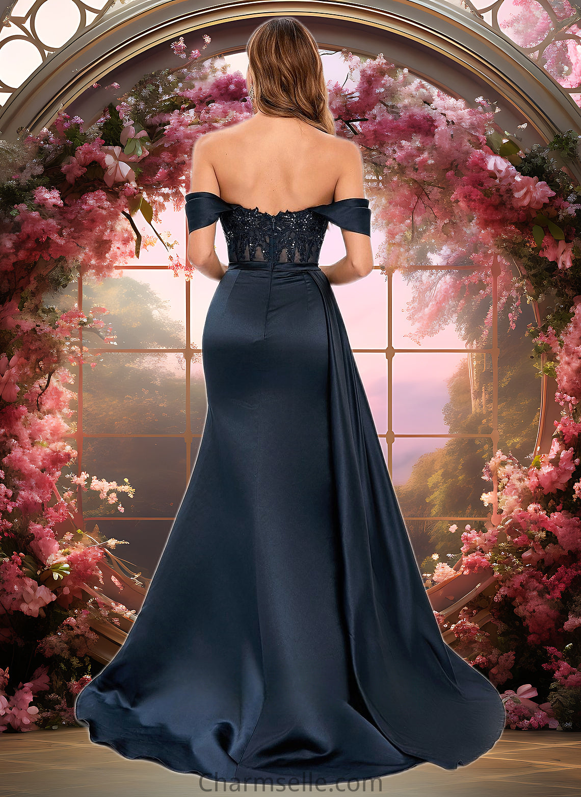 Desiree Trumpet/Mermaid Off the Shoulder Sweep Train Satin Prom Dresses With Sequins Appliques Lace DNP0025835