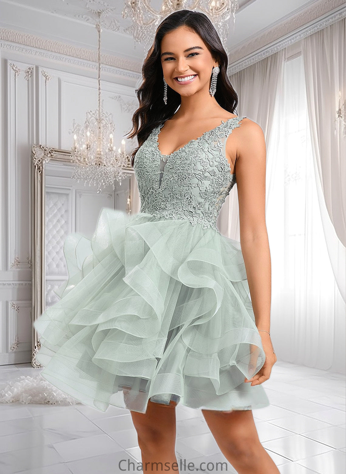 Elyse Ball-Gown/Princess V-Neck Short Tulle Lace Homecoming Dress DNP0025671