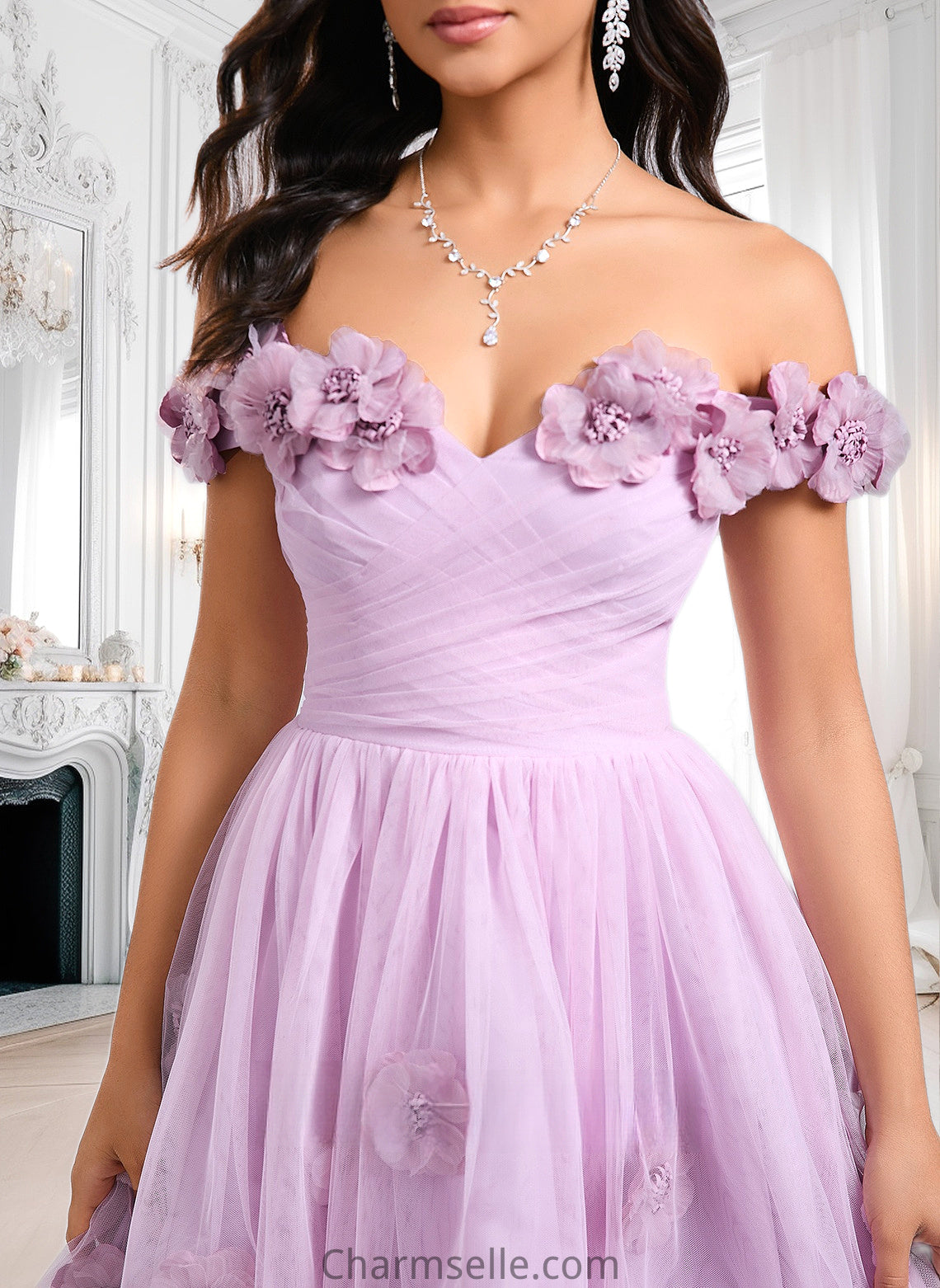 Mariana Ball-Gown/Princess Off the Shoulder Short Tulle Homecoming Dress With Pleated Flower DNP0025668