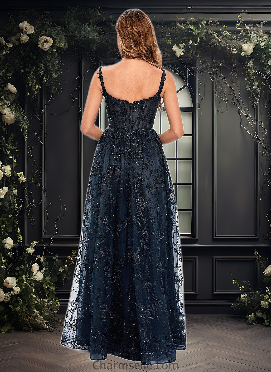 Thelma A-line Square Floor-Length Organza Lace Floral Prom Dresses With Sequins DNP0025844