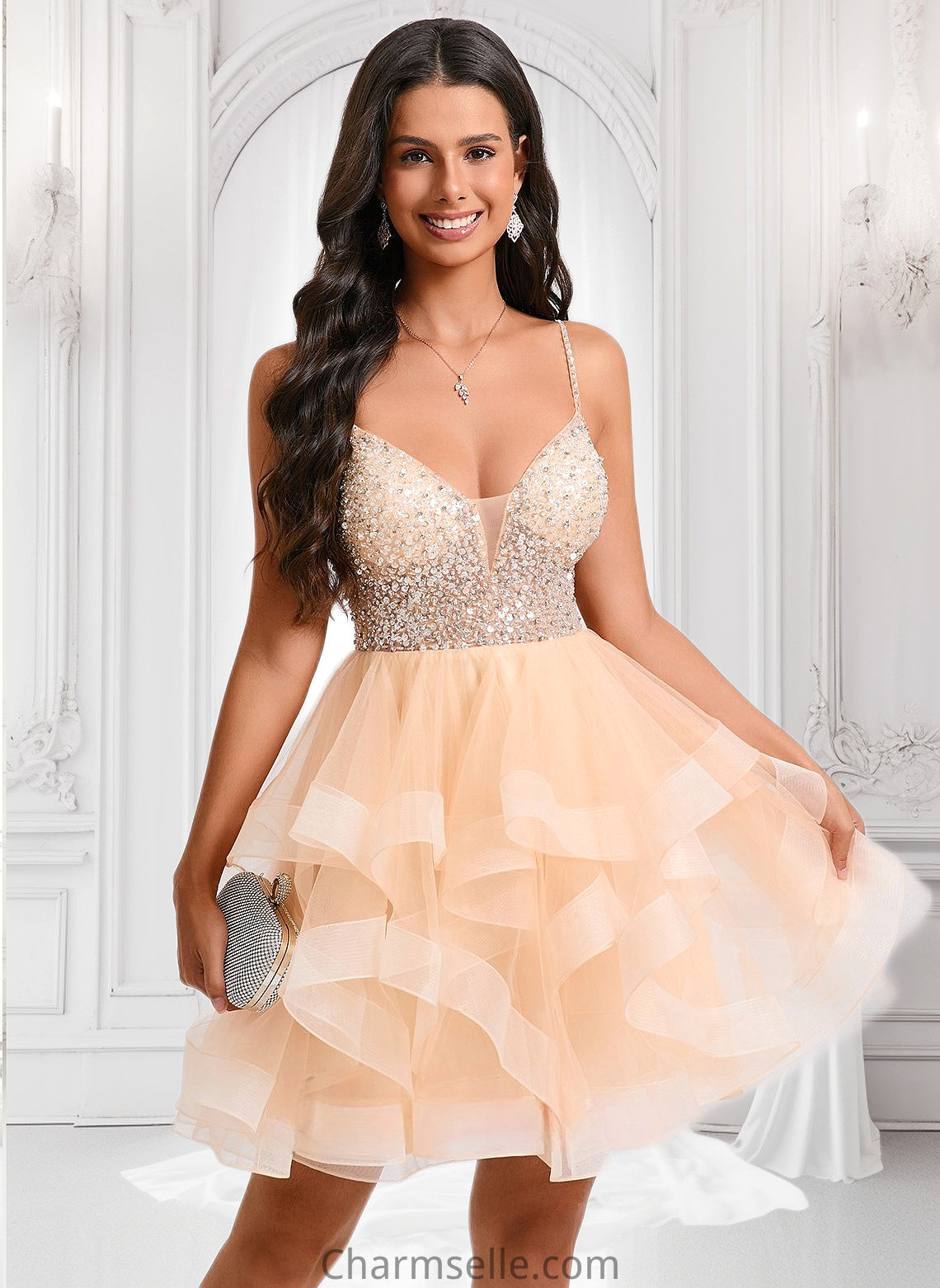 Mina Ball-Gown/Princess V-Neck Short Tulle Homecoming Dress With Beading Sequins DNP0025646