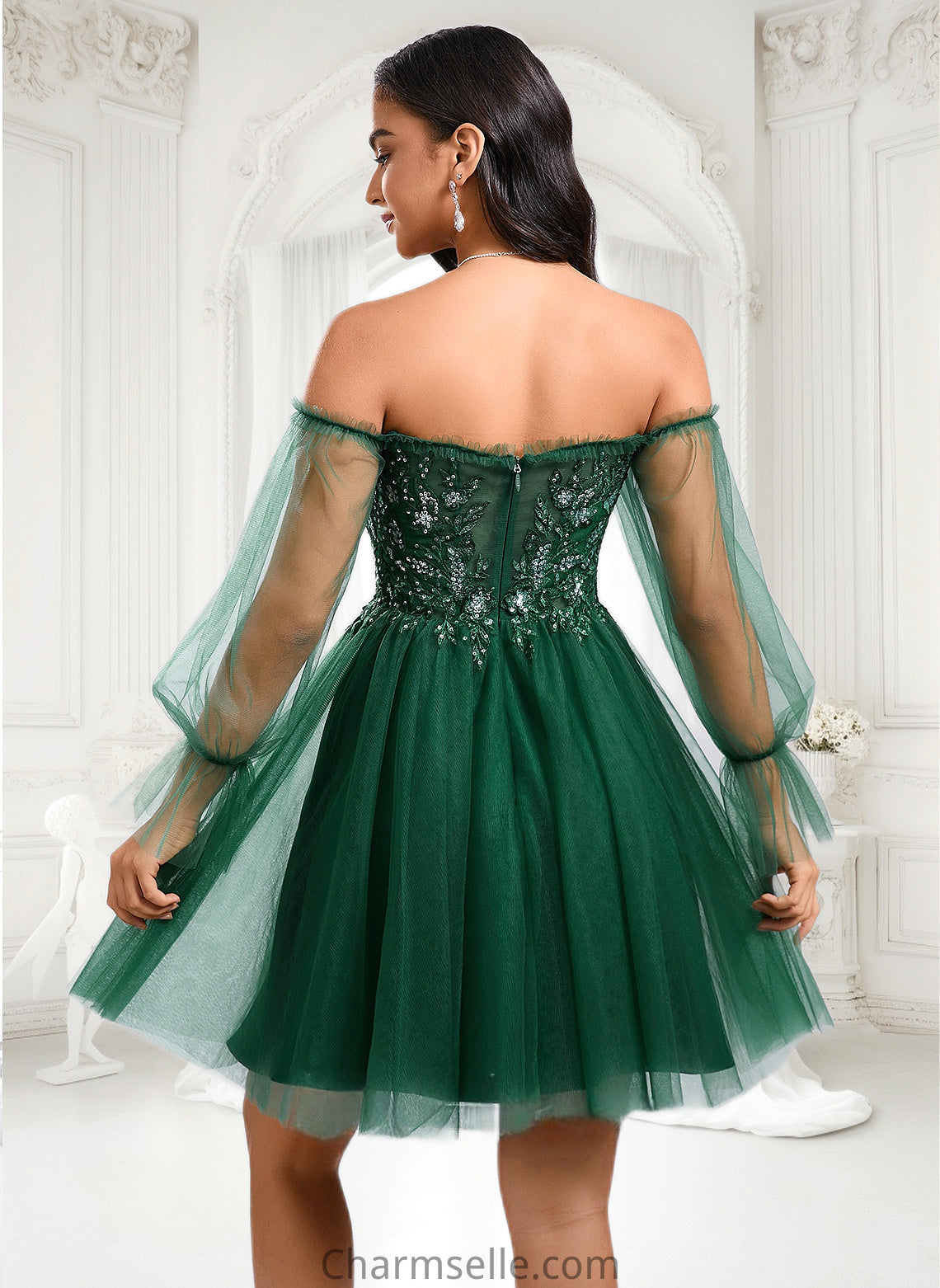 Eliza A-line Off the Shoulder Short Tulle Homecoming Dress With Sequins Appliques Lace DNP0025663