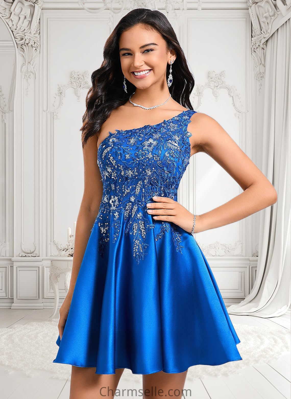 Shyla A-line One Shoulder Short Satin Homecoming Dress With Appliques Lace Sequins DNP0025657