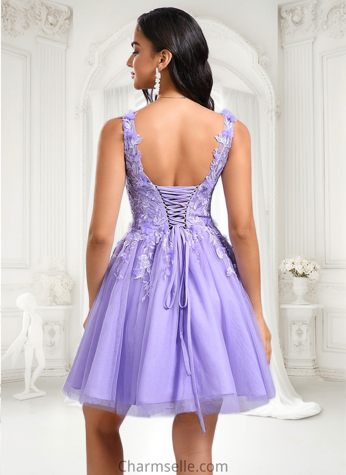 Danna Ball-Gown/Princess V-Neck Short Lace Tulle Homecoming Dress With Flower DNP0025656