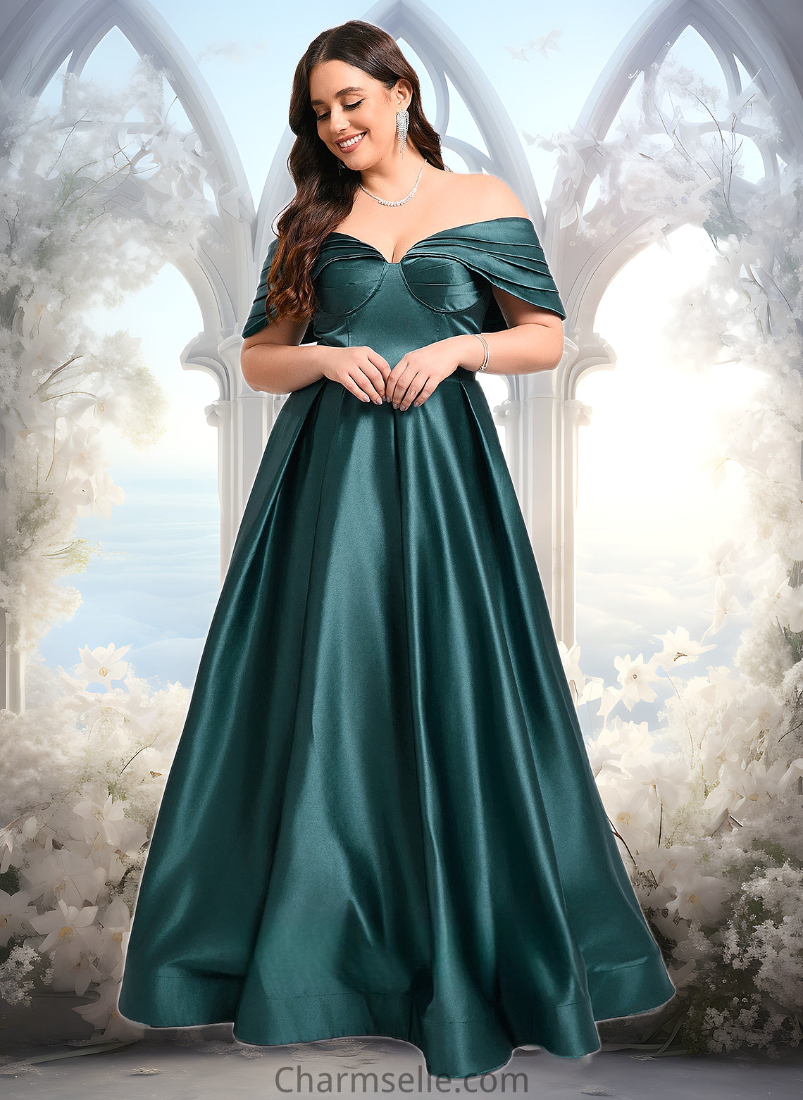 Marina A-line Off the Shoulder Floor-Length Satin Prom Dresses With Pleated DNP0025851