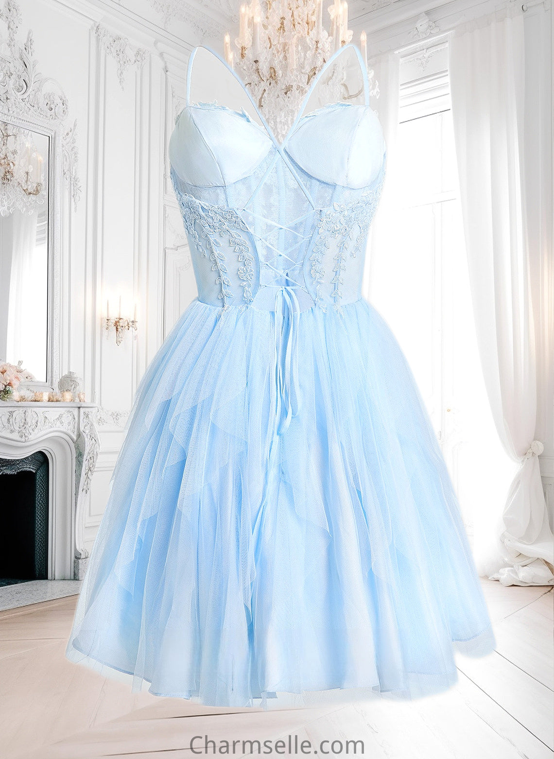 Sahna Ball-Gown/Princess Sweetheart Short Lace Tulle Homecoming Dress With Ruffle DNP0025707