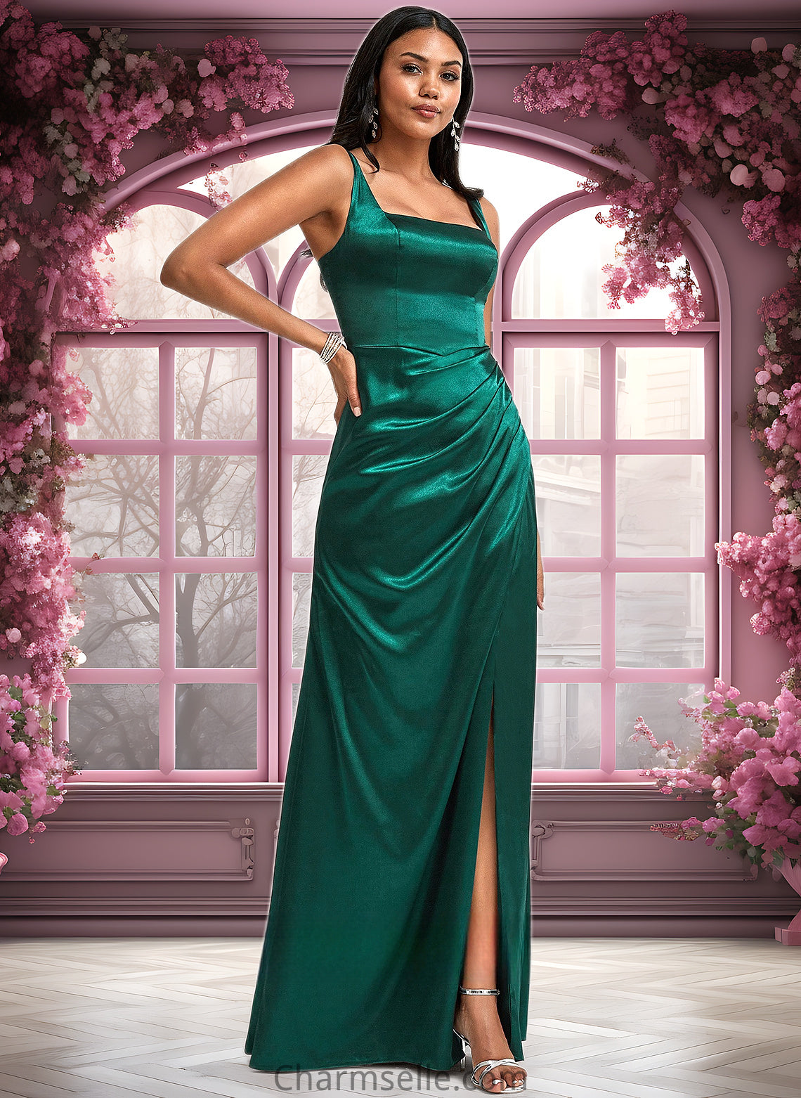 Lillianna A-line Square Floor-Length Stretch Satin Bridesmaid Dress DNP0025742