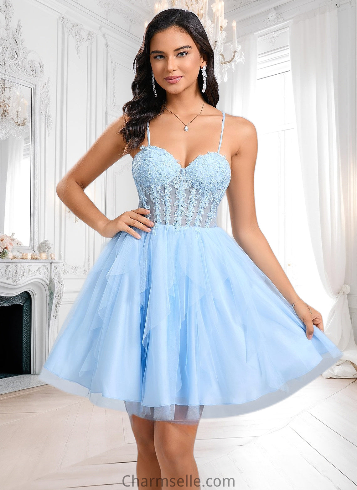 Sahna Ball-Gown/Princess Sweetheart Short Lace Tulle Homecoming Dress With Ruffle DNP0025707