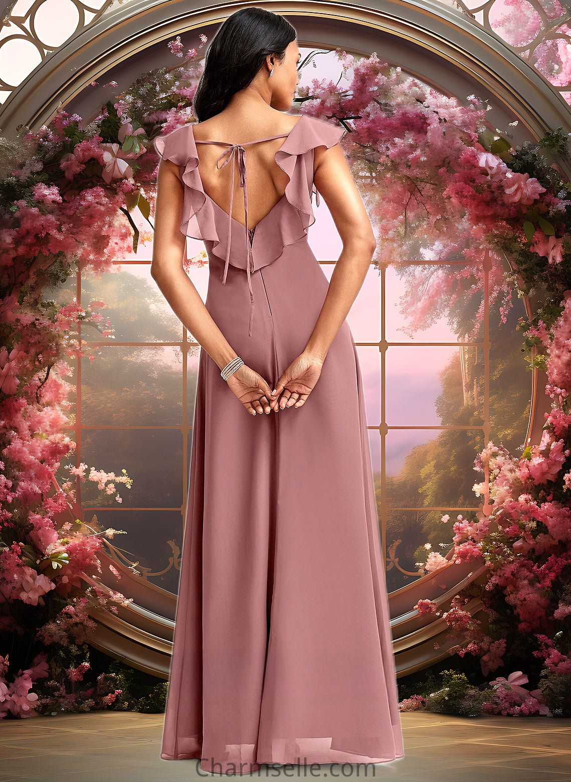 Lindsey A-line V-Neck Floor-Length Chiffon Bridesmaid Dress With Ruffle DNP0025751