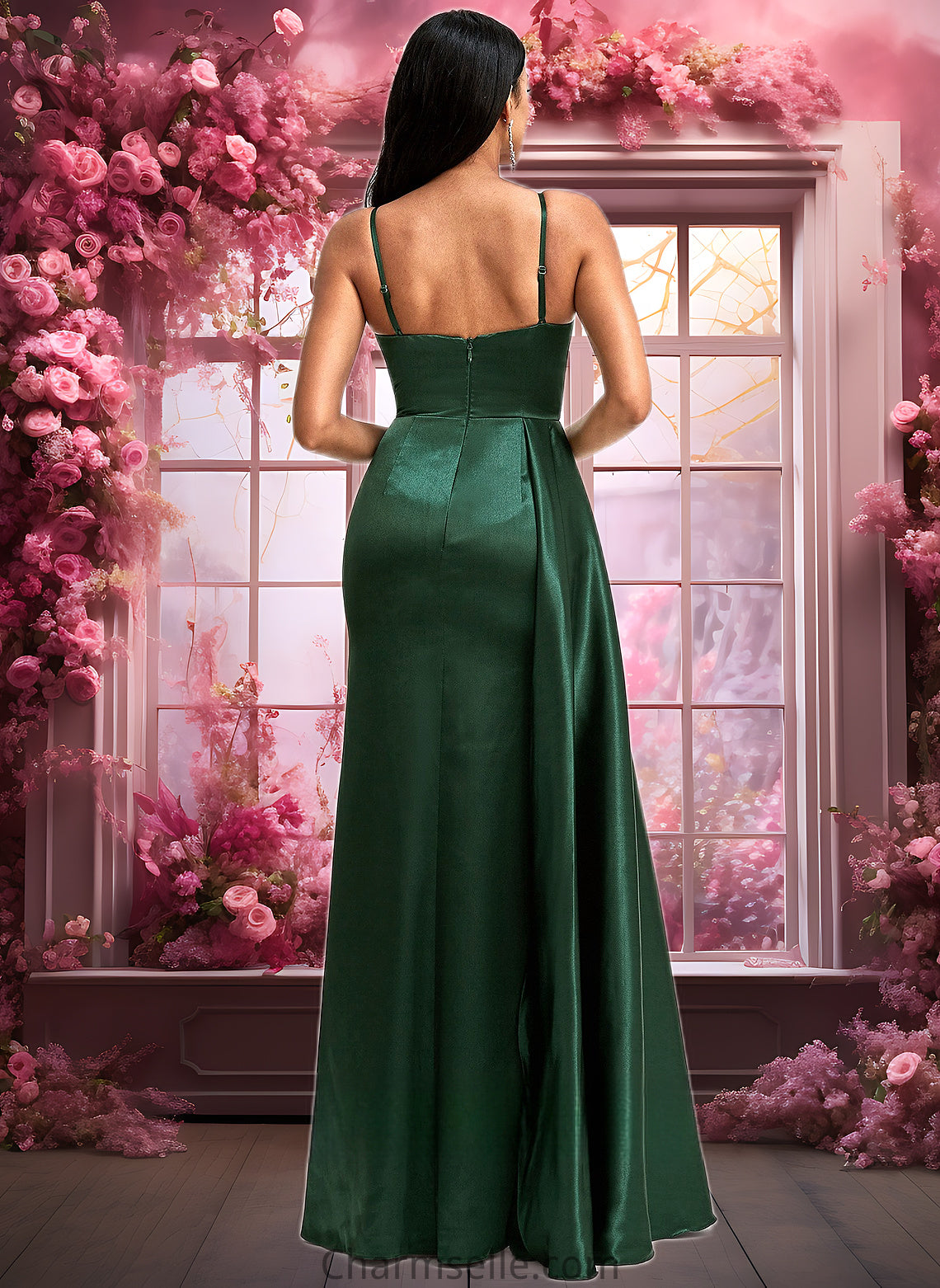 Rebecca A-line V-Neck Floor-Length Stretch Satin Bridesmaid Dress DNP0025745