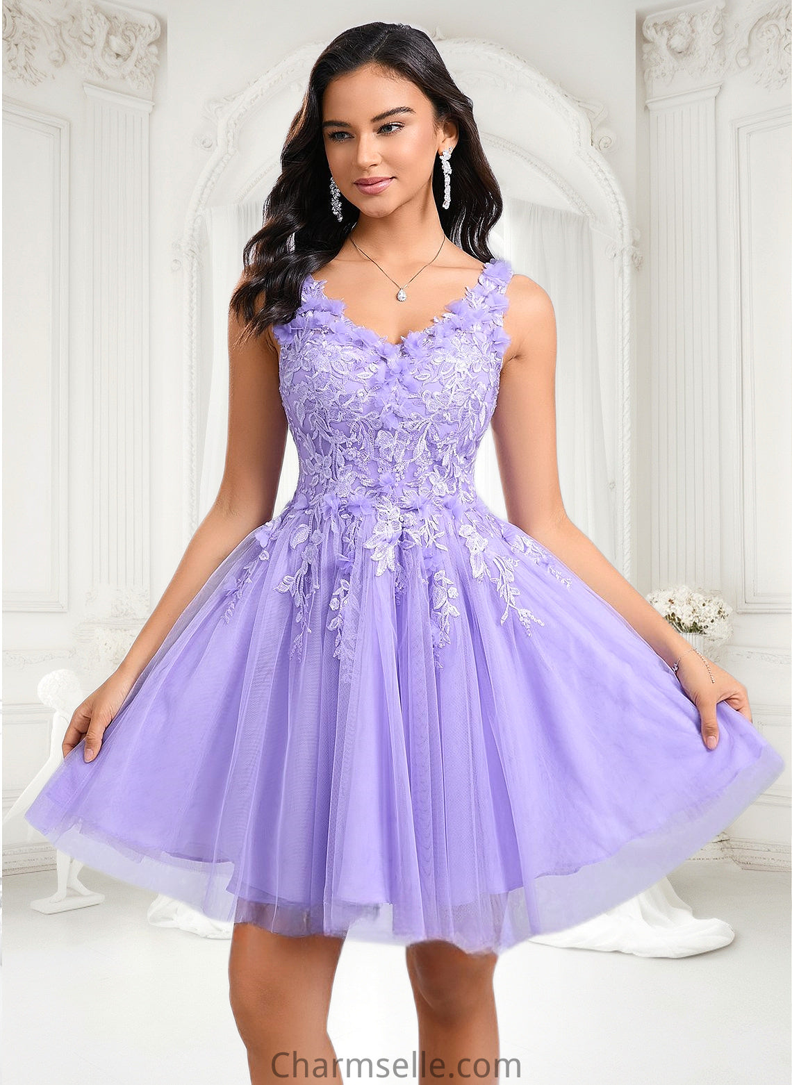 Danna Ball-Gown/Princess V-Neck Short Lace Tulle Homecoming Dress With Flower DNP0025656