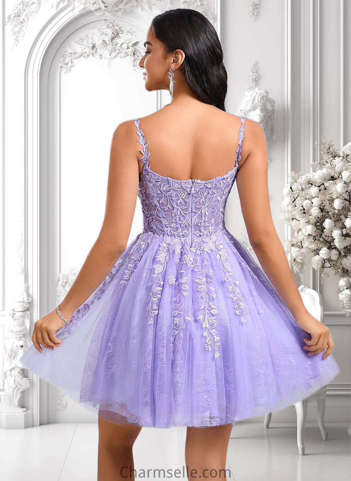 Rowan A-line V-Neck Short Tulle Lace Homecoming Dress DNP0025640