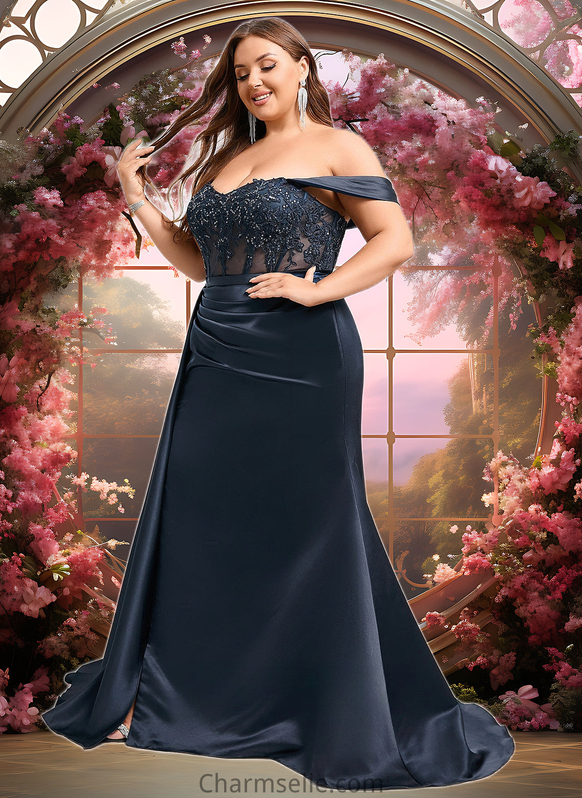 Desiree Trumpet/Mermaid Off the Shoulder Sweep Train Satin Prom Dresses With Sequins Appliques Lace DNP0025835