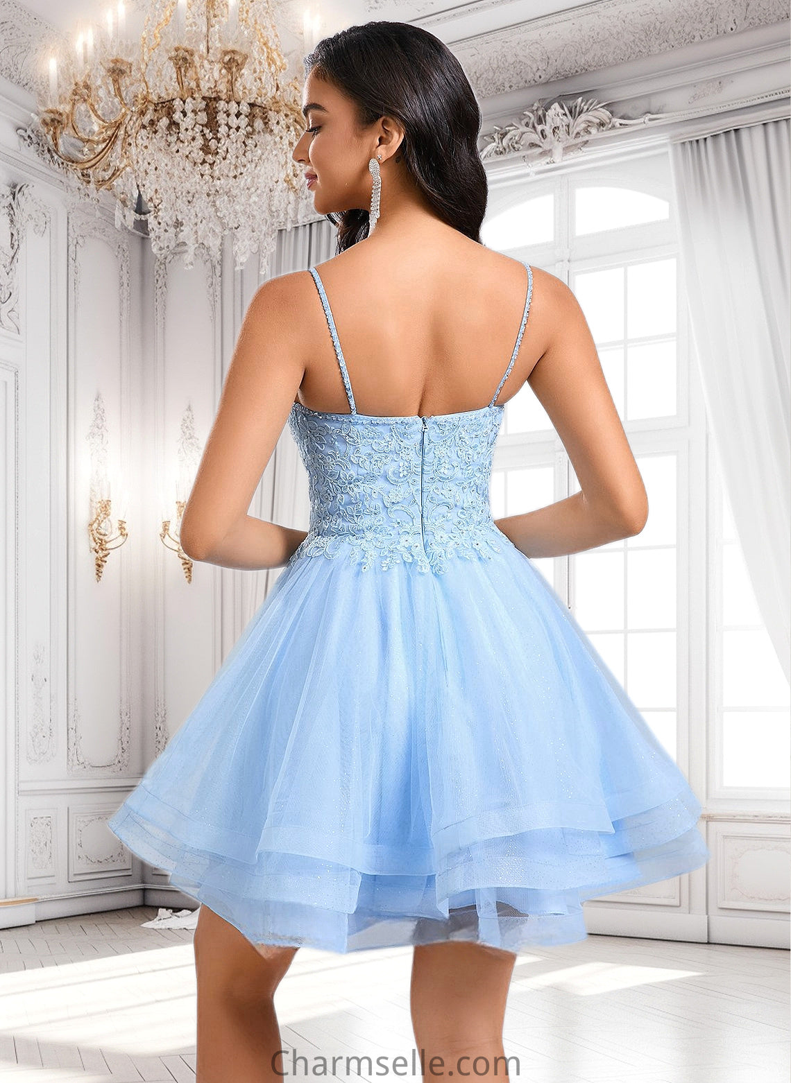 Melany A-line V-Neck Short Lace Tulle Homecoming Dress With Rhinestone Sequins DNP0025658