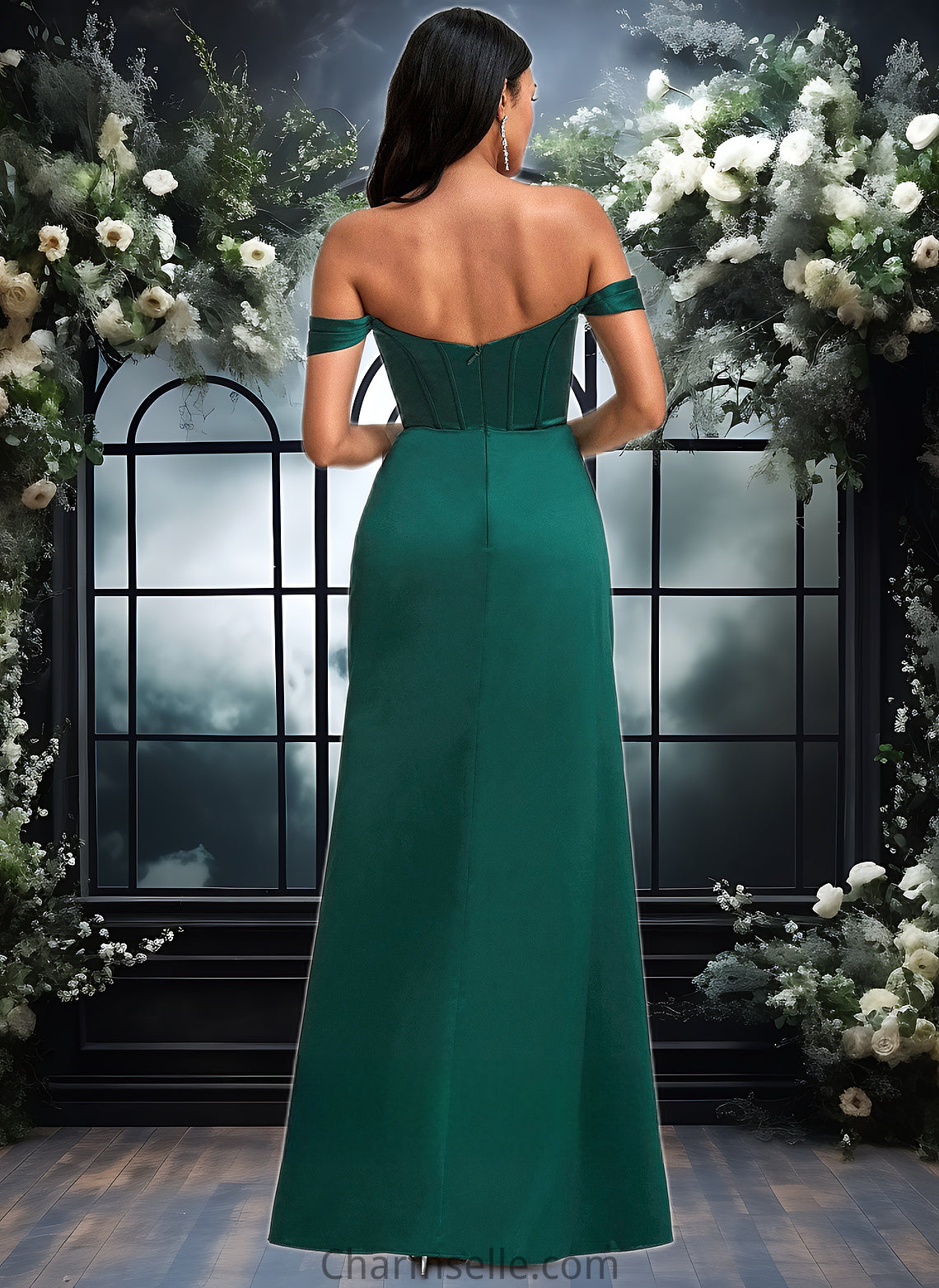 Nyasia A-line Off the Shoulder Floor-Length Satin Bridesmaid Dress DNP0025743