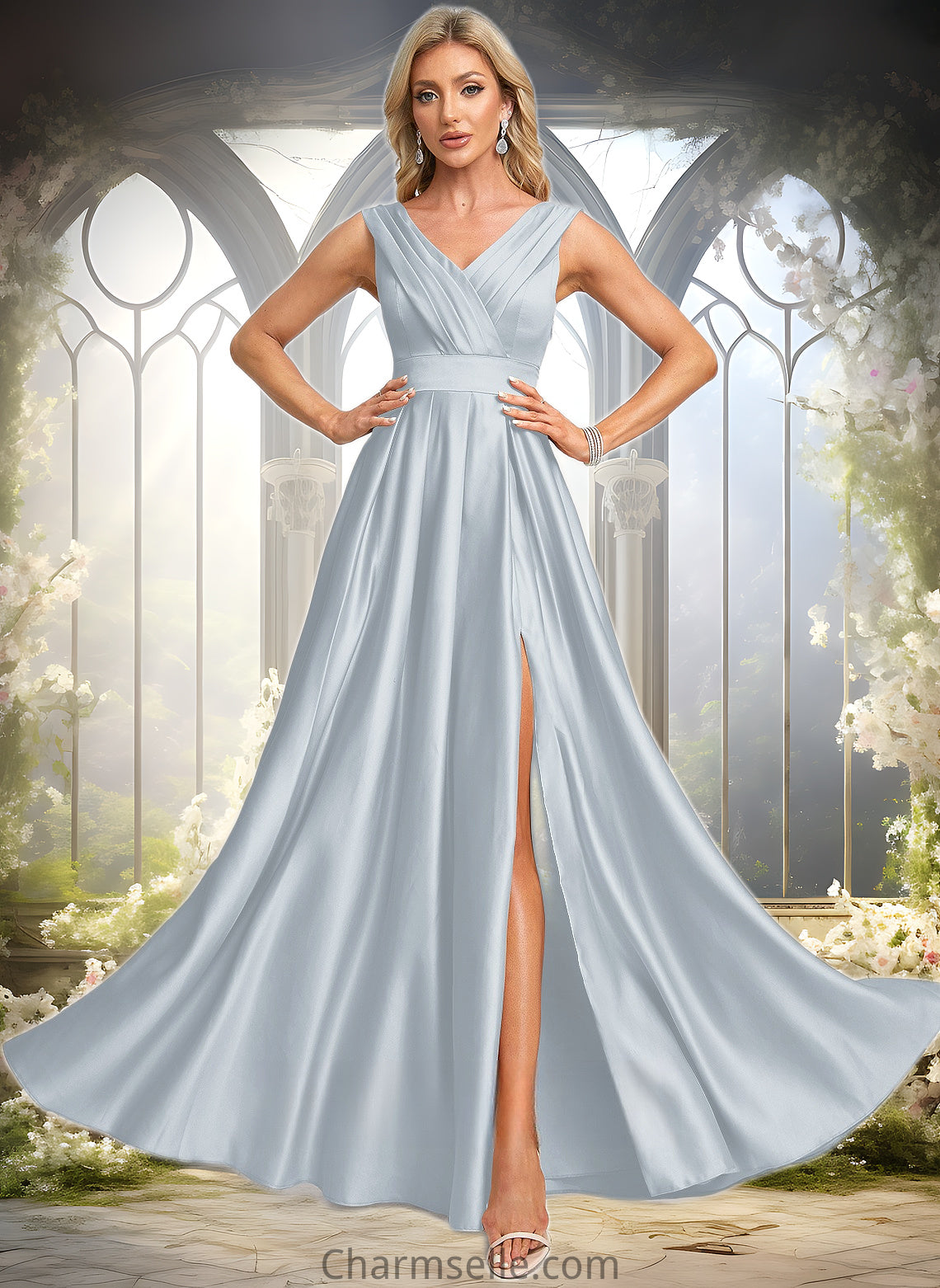 Dayanara A-line V-Neck Floor-Length Satin Prom Dresses DNP0025877