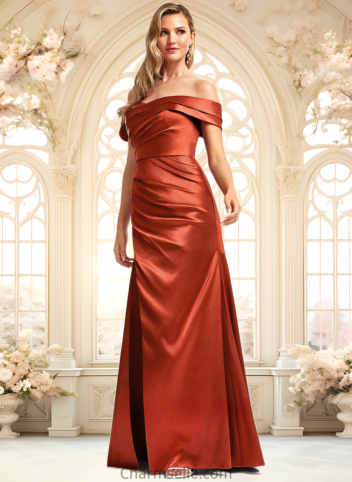 Corinne A-line Off the Shoulder Floor-Length Stretch Satin Bridesmaid Dress DNP0025757