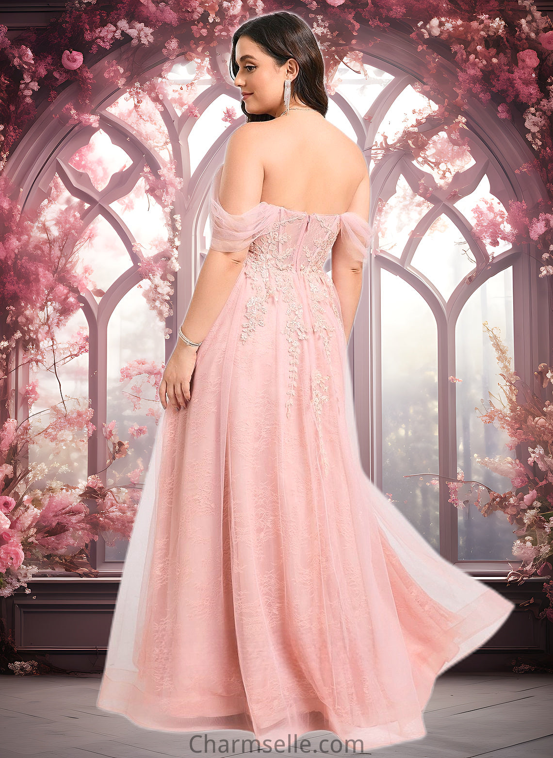 Leilani A-line Sweetheart Off the Shoulder Floor-Length Tulle Floral Lace Prom Dresses With Appliques Lace DNP0025870