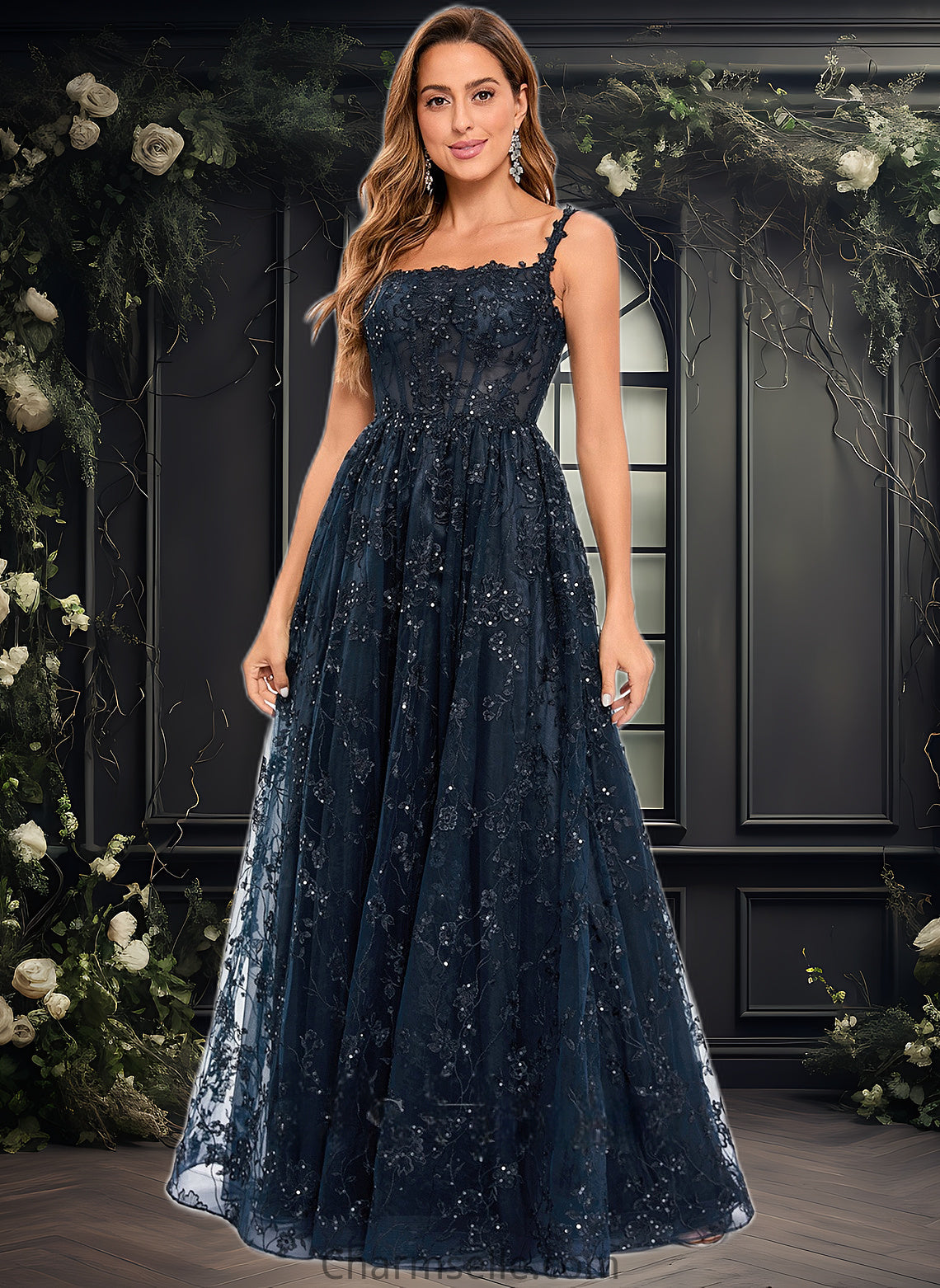 Thelma A-line Square Floor-Length Organza Lace Floral Prom Dresses With Sequins DNP0025844