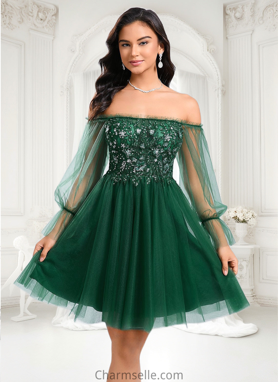 Eliza A-line Off the Shoulder Short Tulle Homecoming Dress With Sequins Appliques Lace DNP0025663