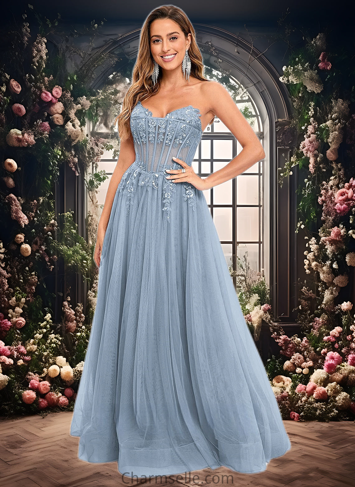 Aliza Ball-Gown/Princess V-Neck Floor-Length Tulle Prom Dresses With Sequins Appliques Lace DNP0025837