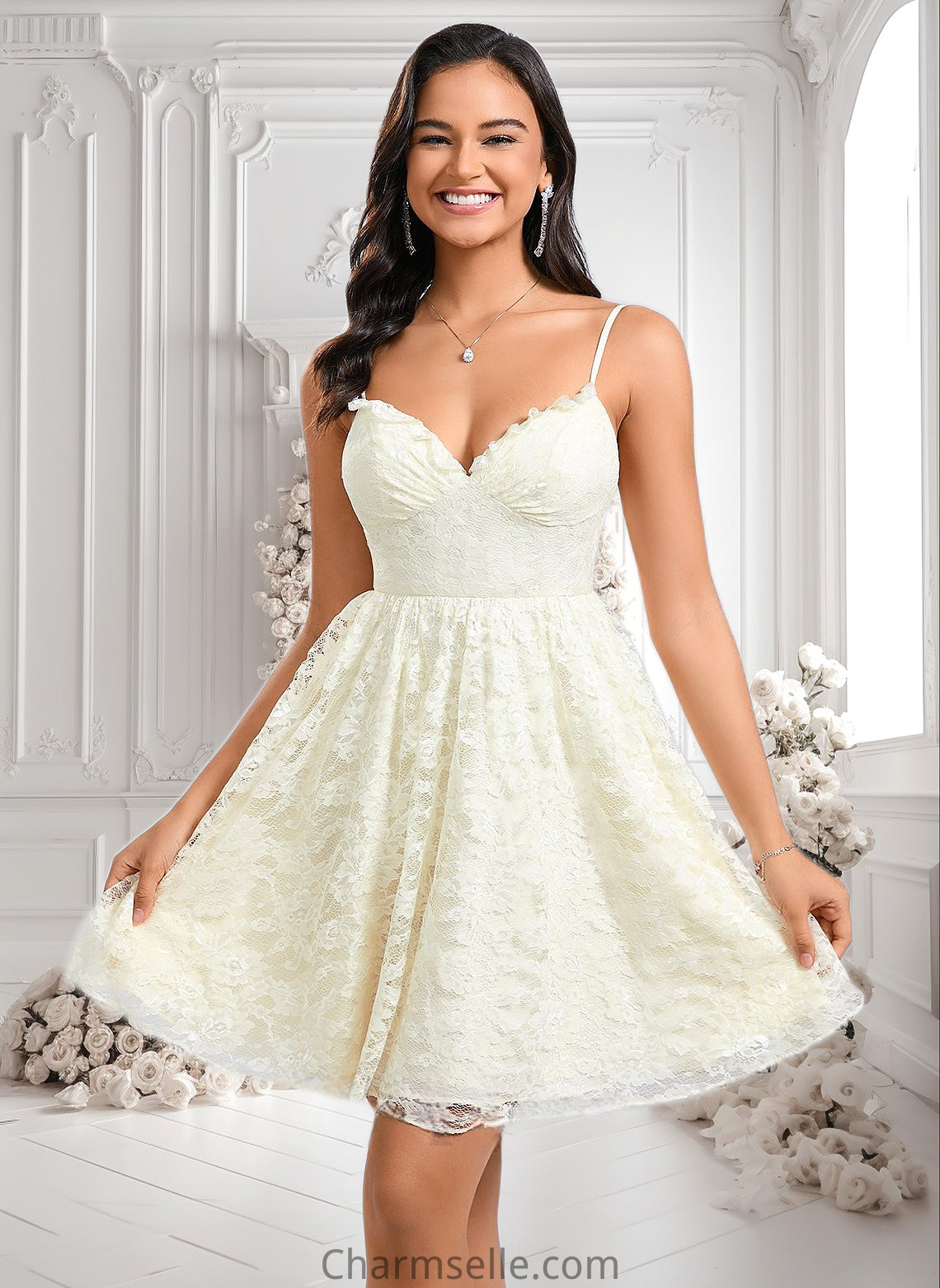 LuLu A-line V-Neck Short Lace Homecoming Dress DNP0025708