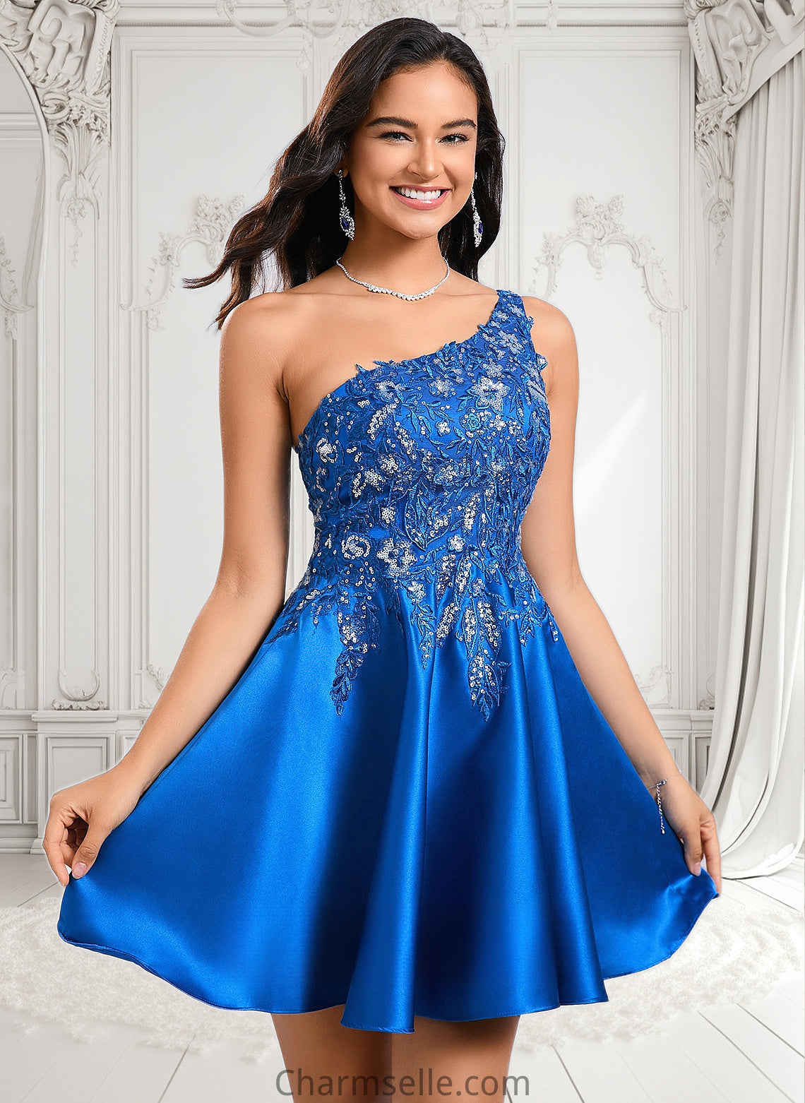 Shyla A-line One Shoulder Short Satin Homecoming Dress With Appliques Lace Sequins DNP0025657