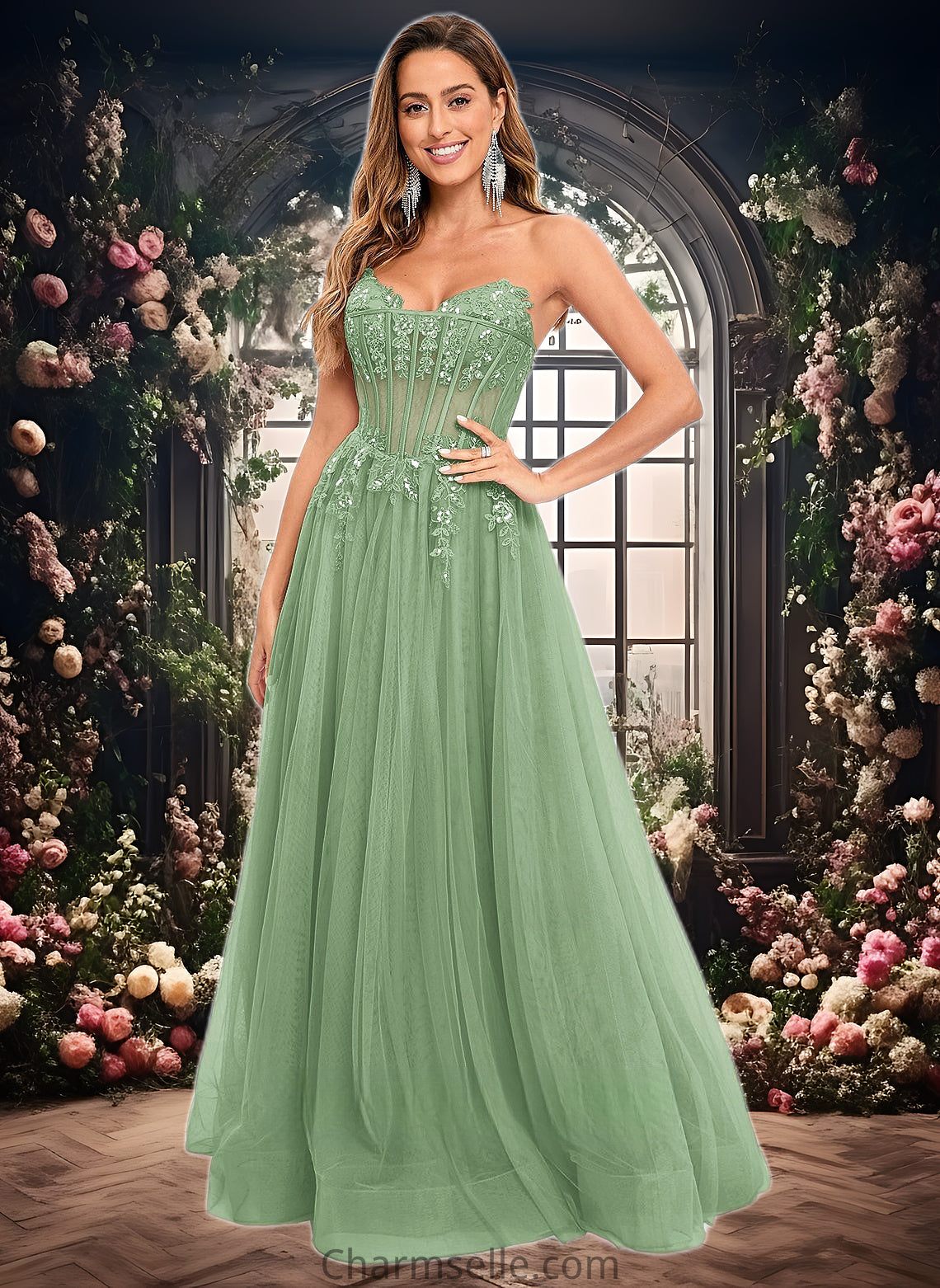 Aliza Ball-Gown/Princess V-Neck Floor-Length Tulle Prom Dresses With Sequins Appliques Lace DNP0025837