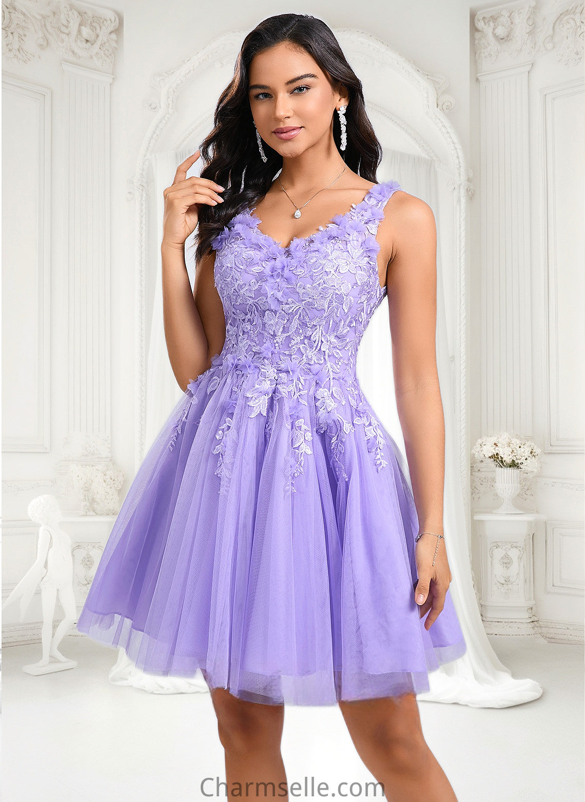 Danna Ball-Gown/Princess V-Neck Short Lace Tulle Homecoming Dress With Flower DNP0025656