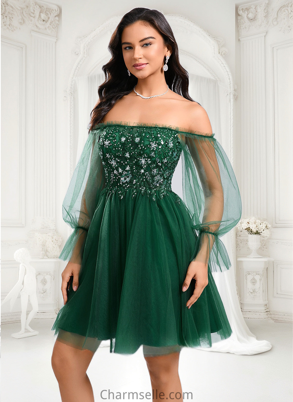 Eliza A-line Off the Shoulder Short Tulle Homecoming Dress With Sequins Appliques Lace DNP0025663