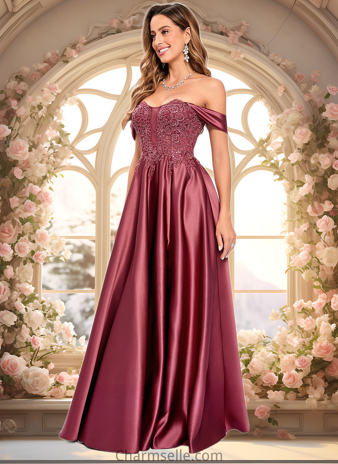 Haven A-line Off the Shoulder Floor-Length Satin Lace Prom Dresses With Sequins DNP0025841