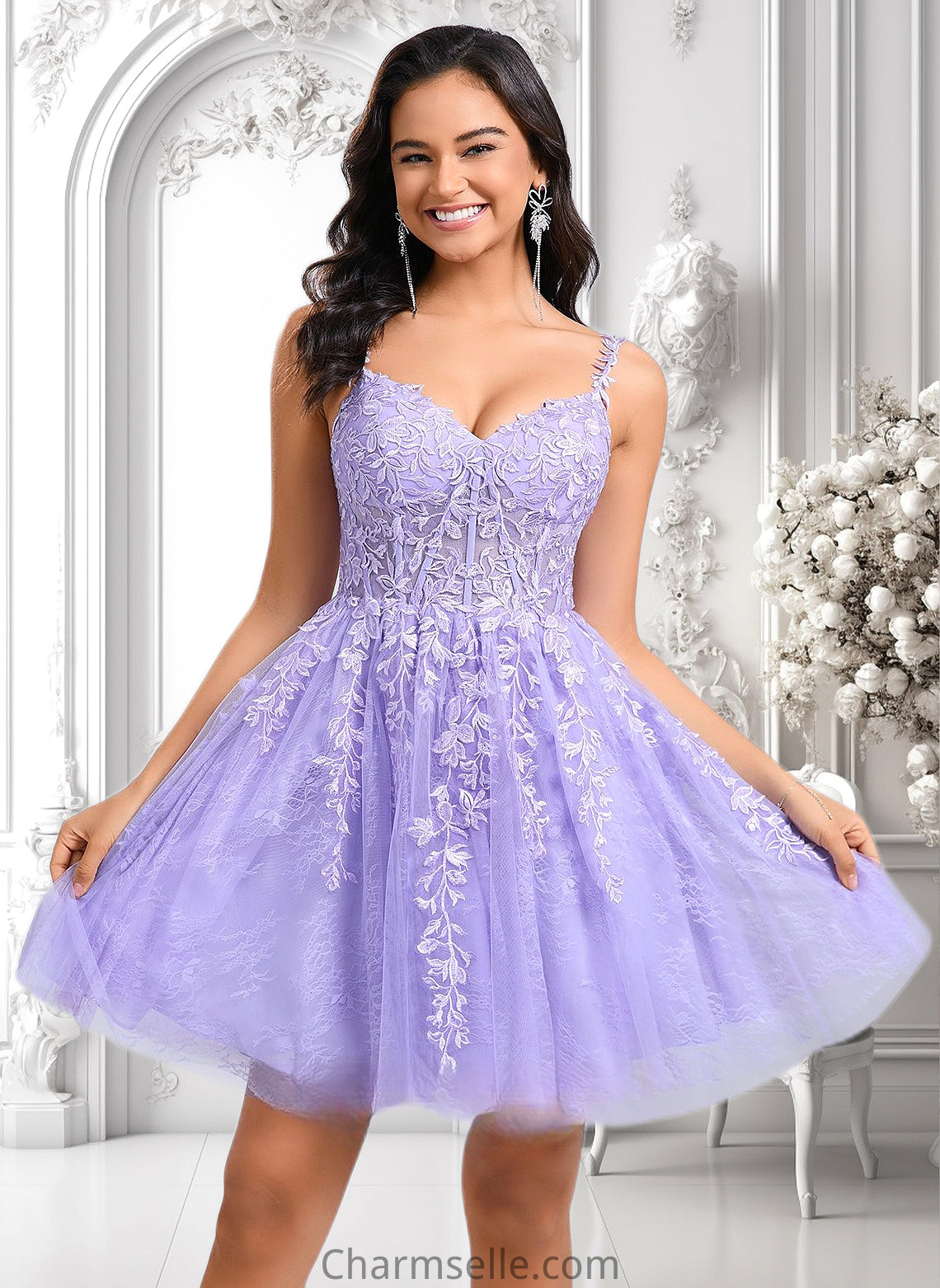 Rowan A-line V-Neck Short Tulle Lace Homecoming Dress DNP0025640