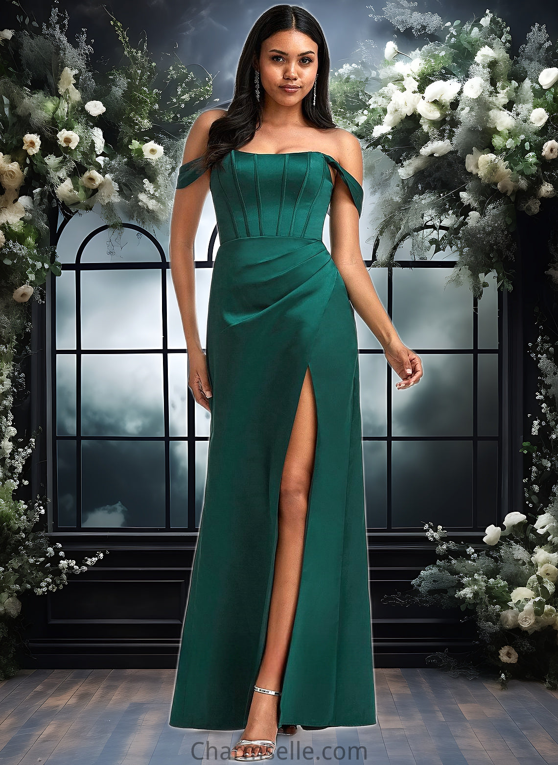 Nyasia A-line Off the Shoulder Floor-Length Satin Bridesmaid Dress DNP0025743