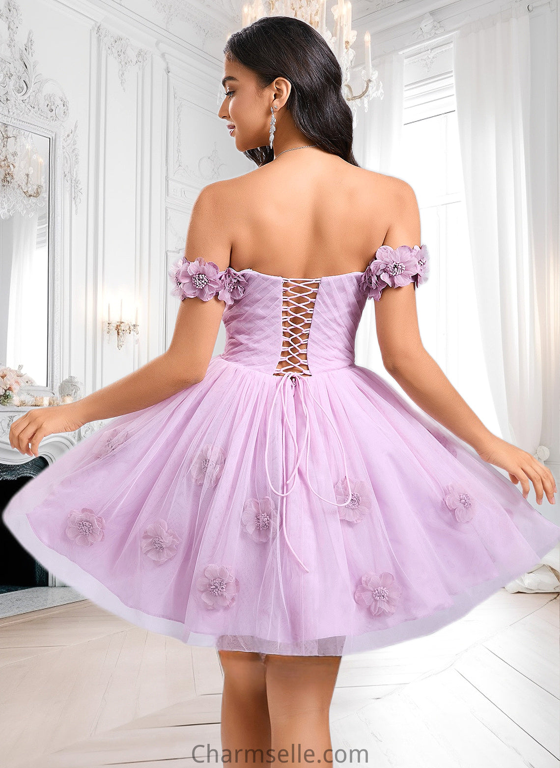 Mariana Ball-Gown/Princess Off the Shoulder Short Tulle Homecoming Dress With Pleated Flower DNP0025668