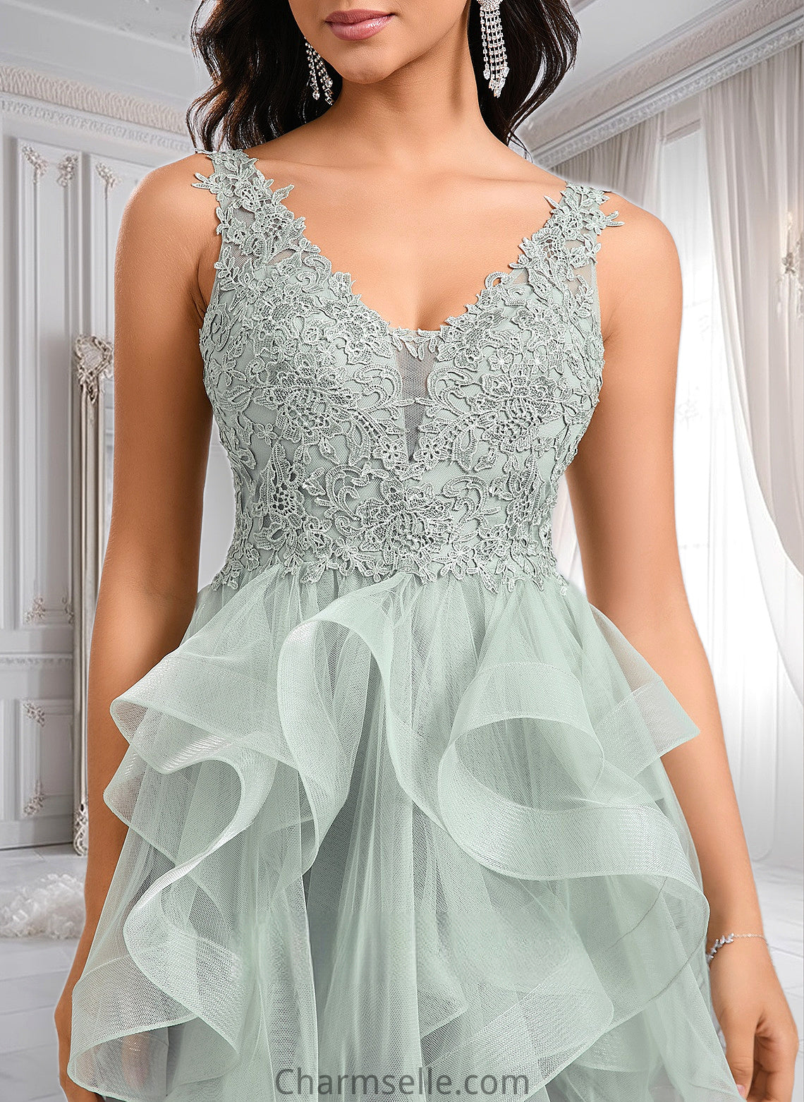 Elyse Ball-Gown/Princess V-Neck Short Tulle Lace Homecoming Dress DNP0025671