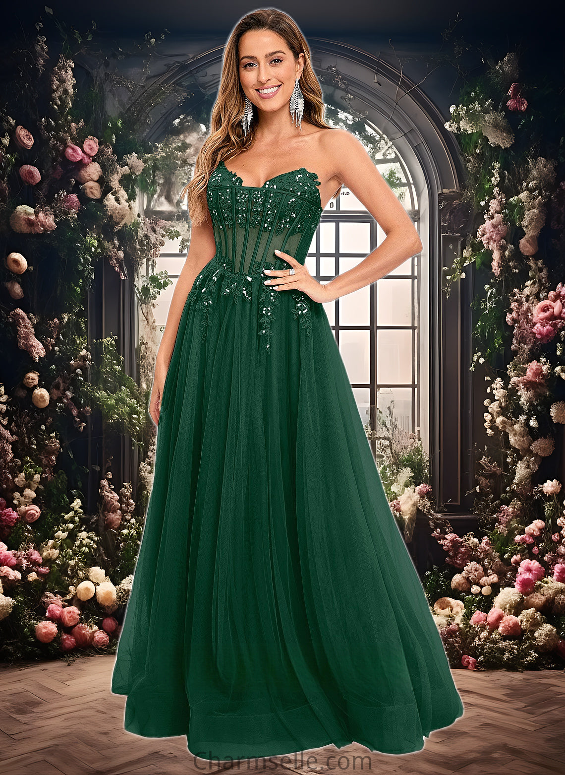 Aliza Ball-Gown/Princess V-Neck Floor-Length Tulle Prom Dresses With Sequins Appliques Lace DNP0025837