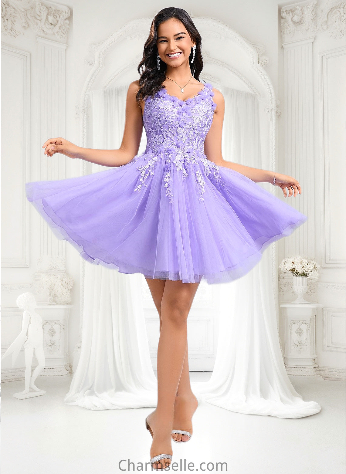 Danna Ball-Gown/Princess V-Neck Short Lace Tulle Homecoming Dress With Flower DNP0025656