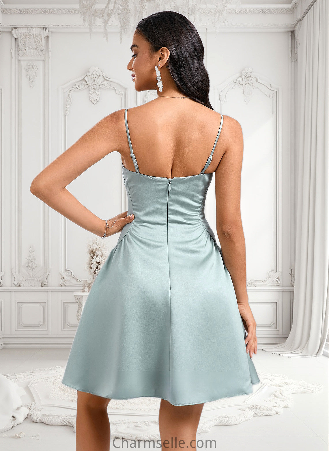 Natalee A-line Straight Short Satin Homecoming Dress DNP0025643