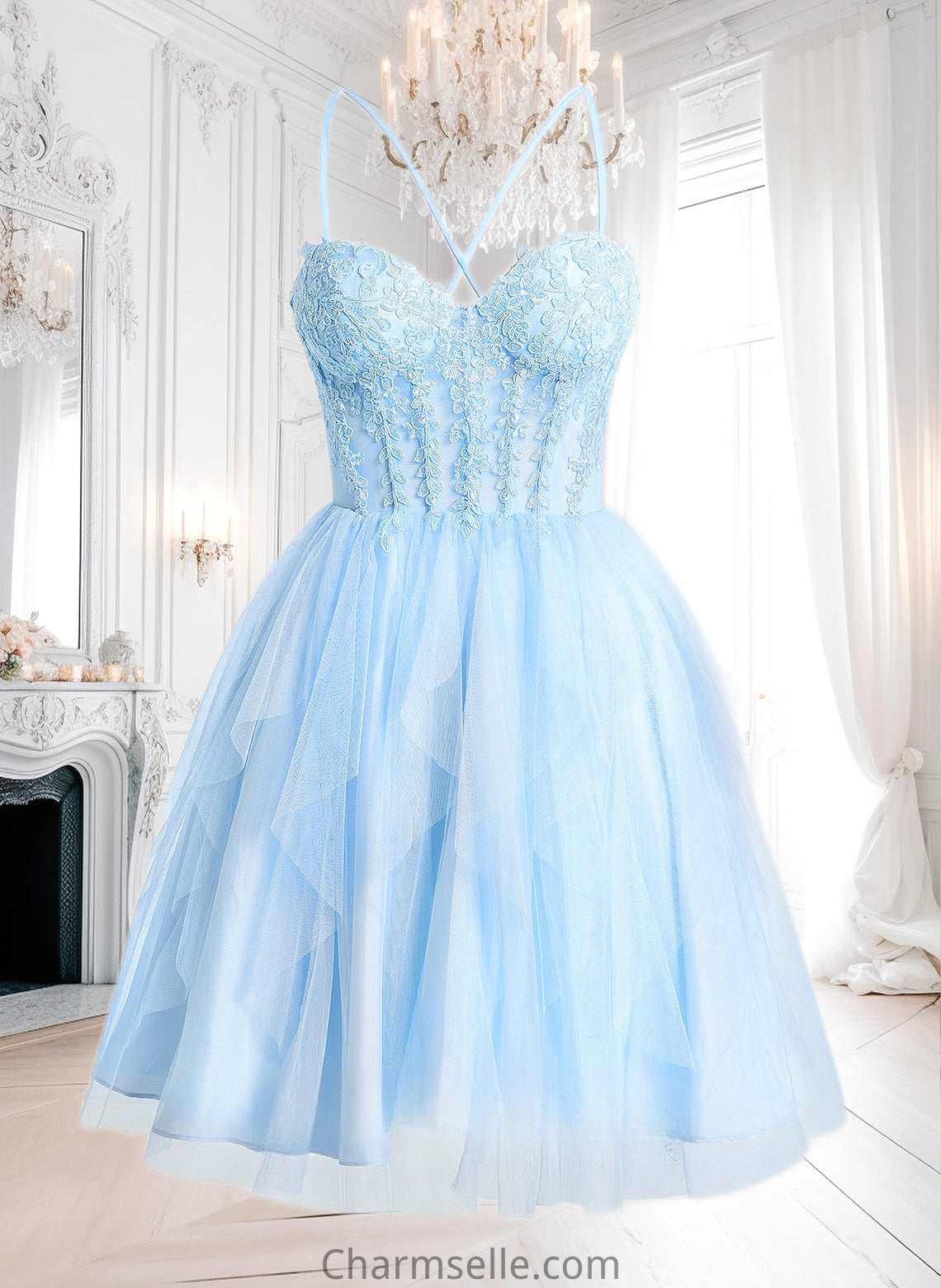 Sahna Ball-Gown/Princess Sweetheart Short Lace Tulle Homecoming Dress With Ruffle DNP0025707