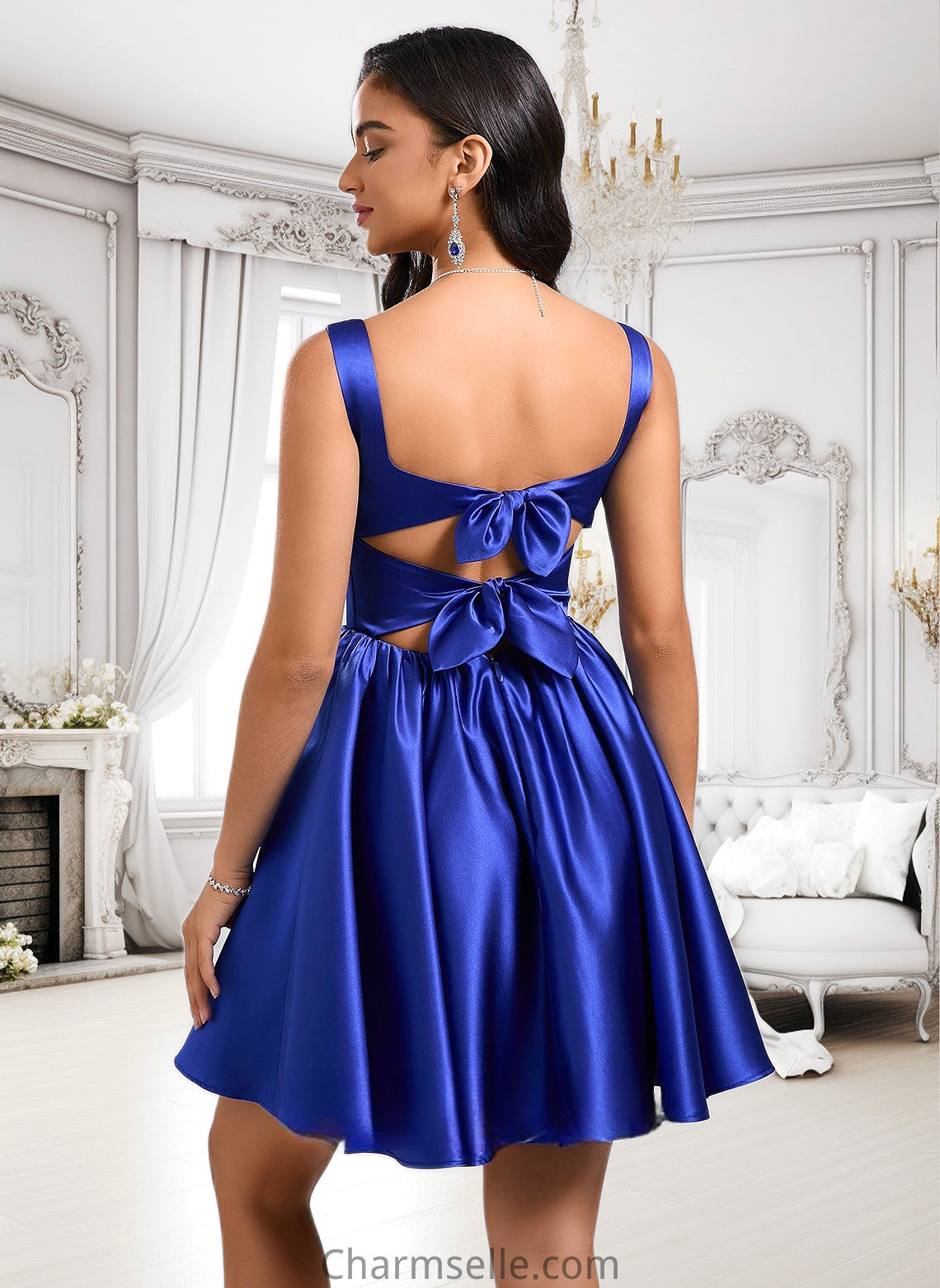 Gretchen A-line Square Short Satin Homecoming Dress With Bow DNP0025672