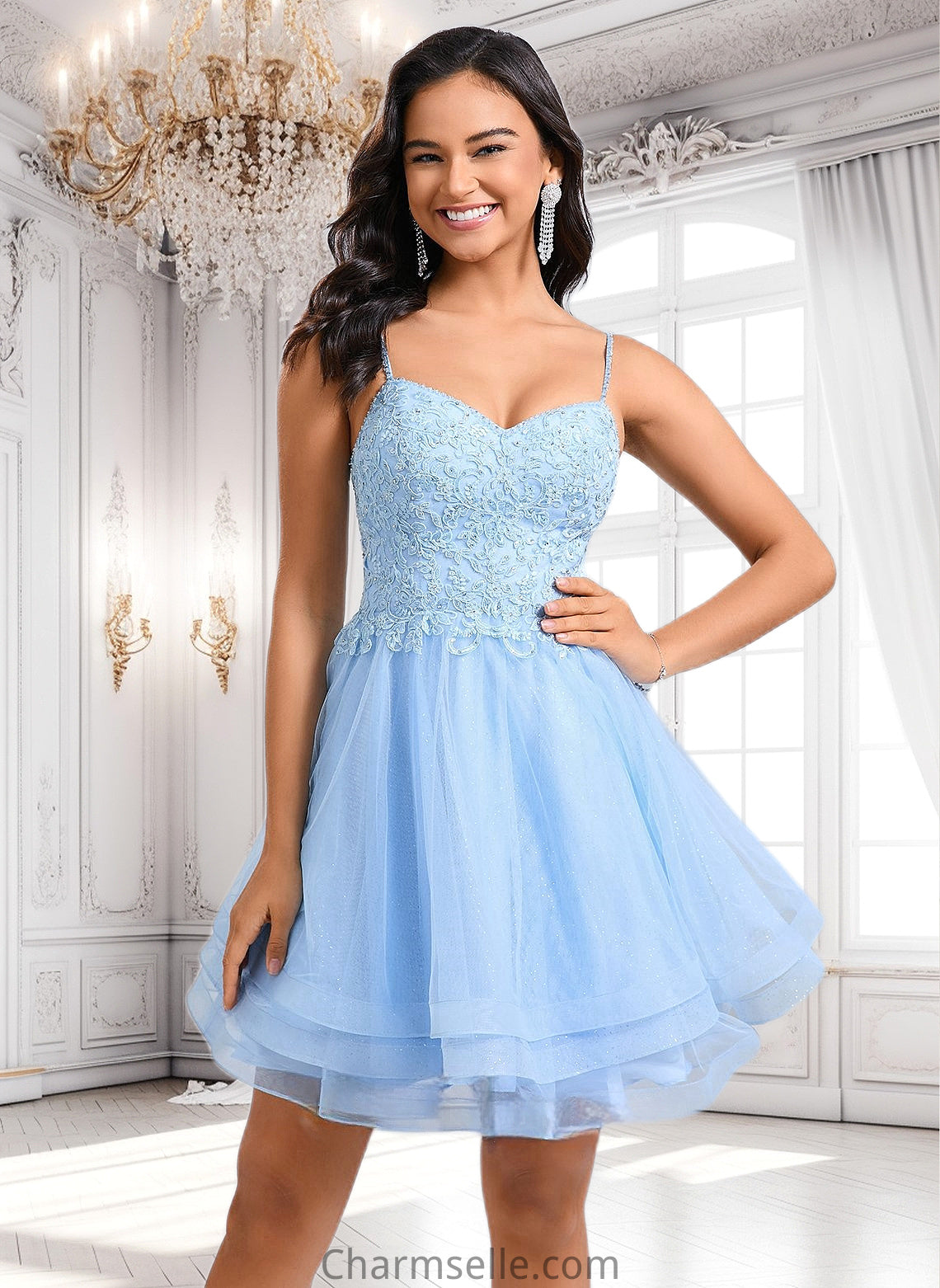 Melany A-line V-Neck Short Lace Tulle Homecoming Dress With Rhinestone Sequins DNP0025658