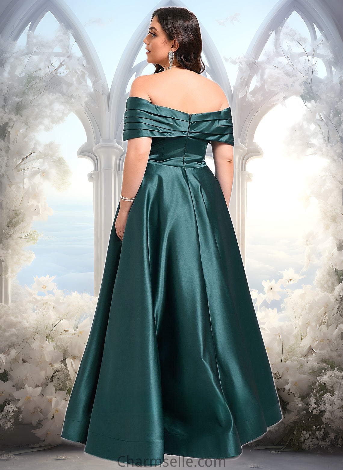 Marina A-line Off the Shoulder Floor-Length Satin Prom Dresses With Pleated DNP0025851