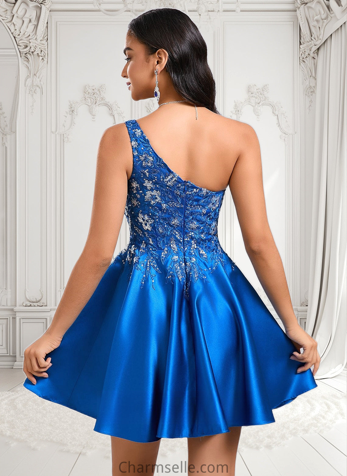 Shyla A-line One Shoulder Short Satin Homecoming Dress With Appliques Lace Sequins DNP0025657