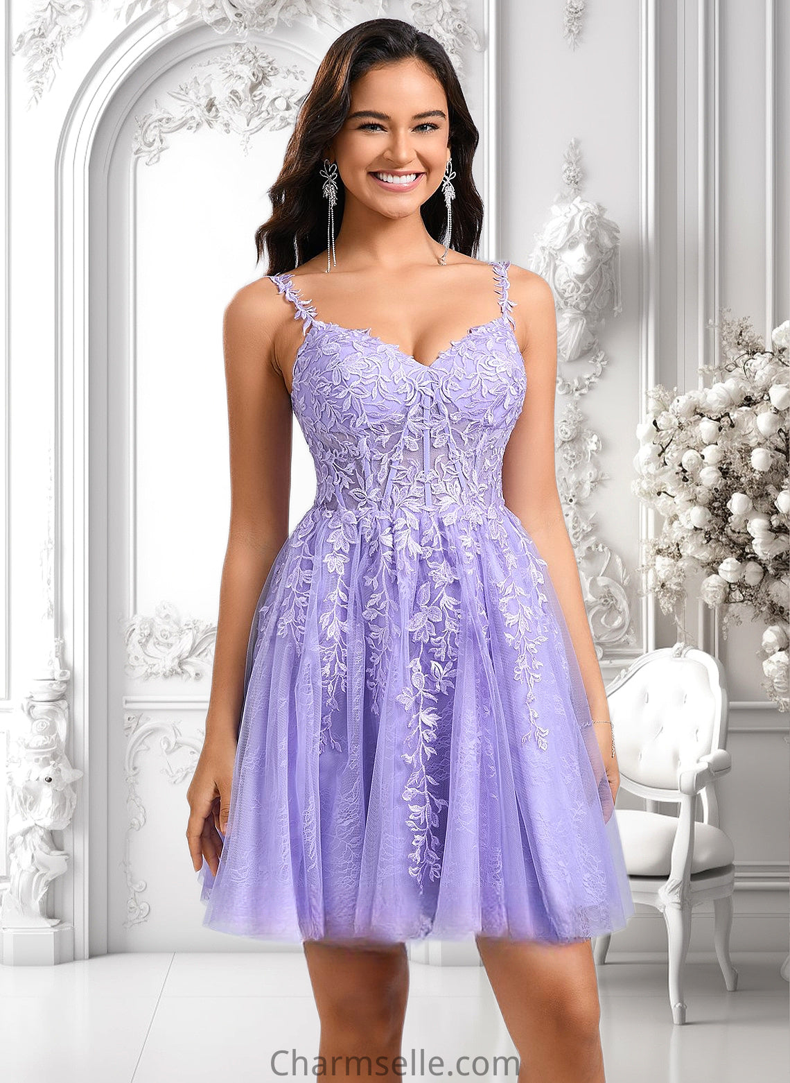 Rowan A-line V-Neck Short Tulle Lace Homecoming Dress DNP0025640