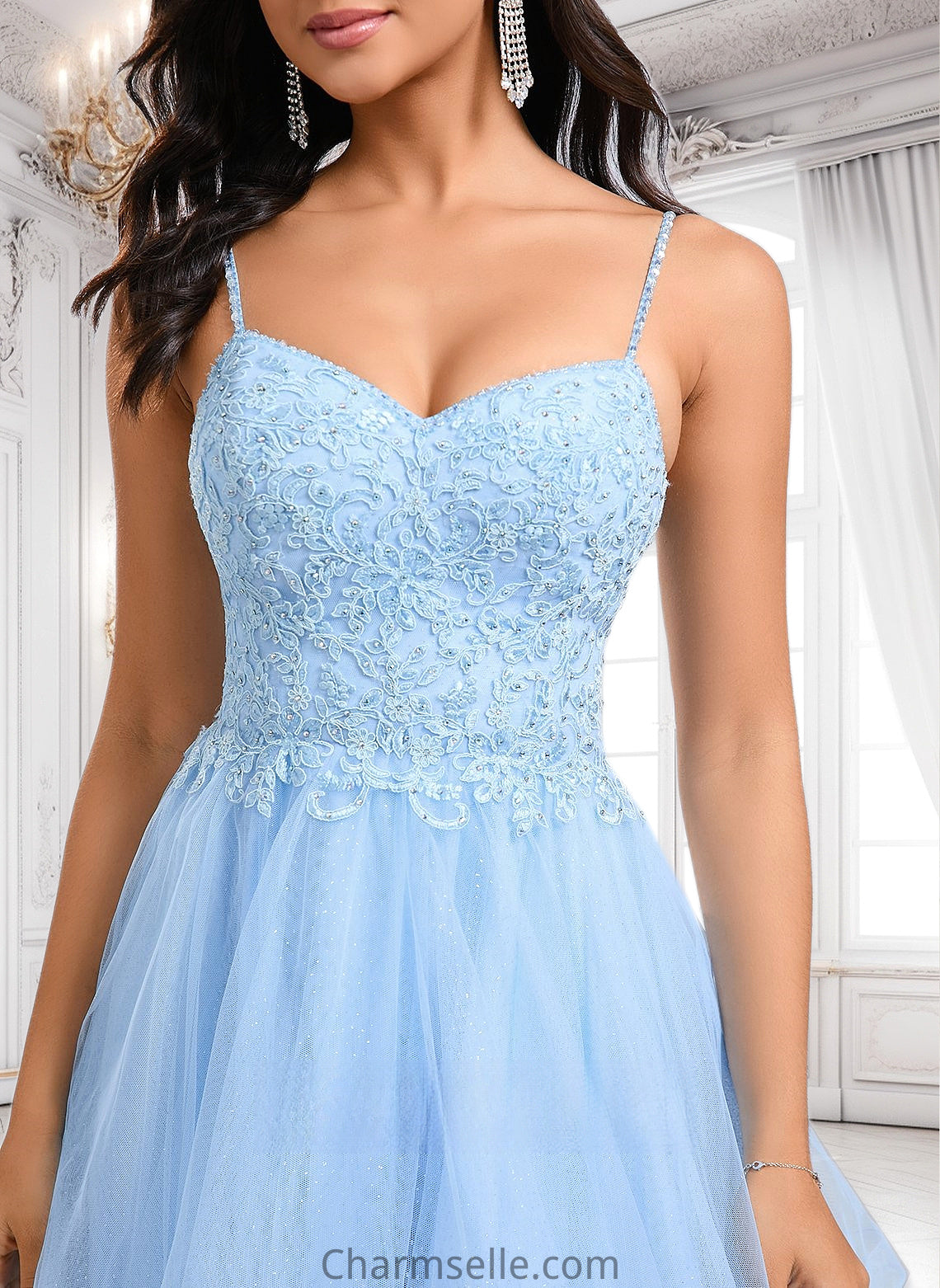 Melany A-line V-Neck Short Lace Tulle Homecoming Dress With Rhinestone Sequins DNP0025658