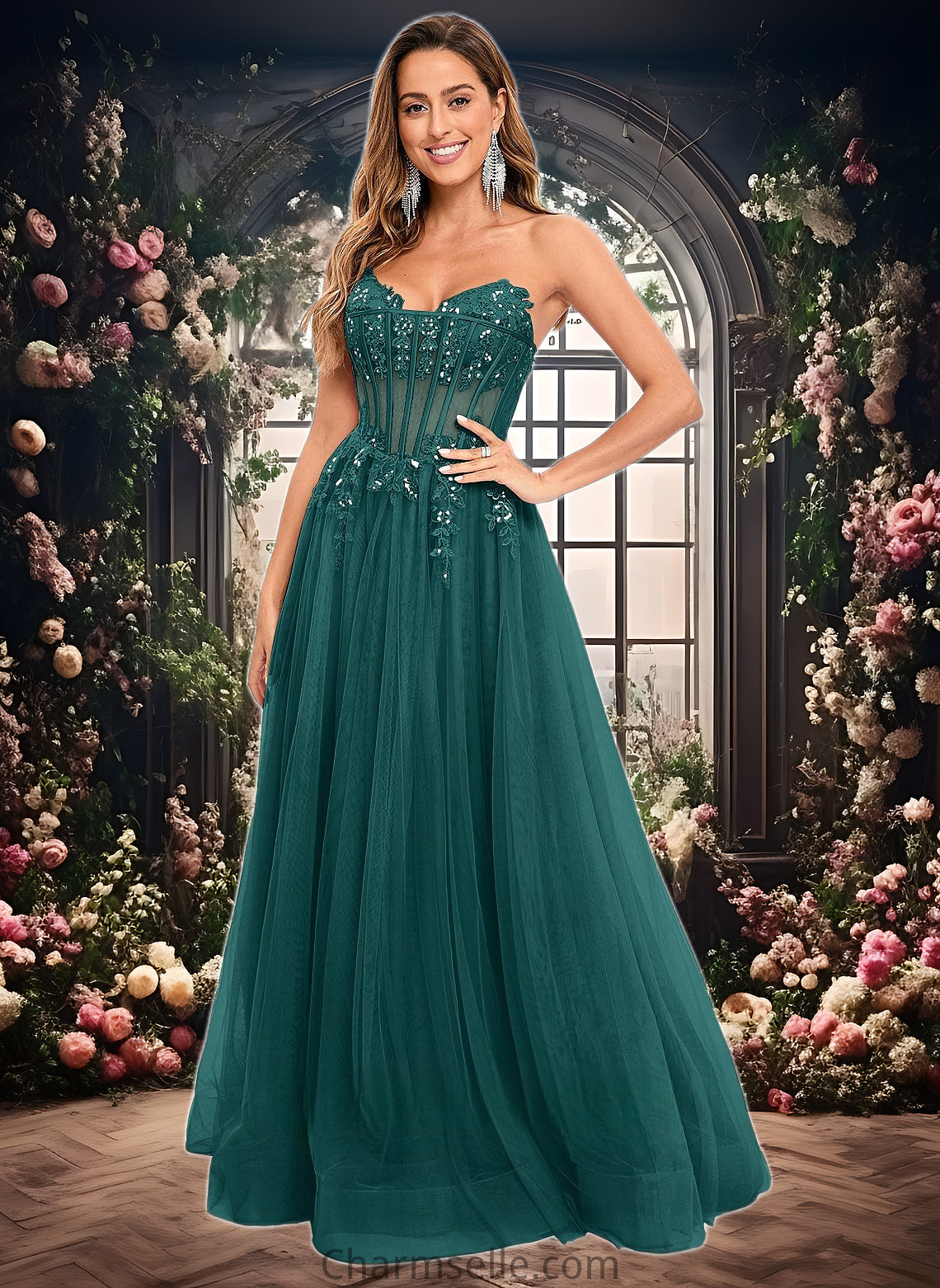 Aliza Ball-Gown/Princess V-Neck Floor-Length Tulle Prom Dresses With Sequins Appliques Lace DNP0025837